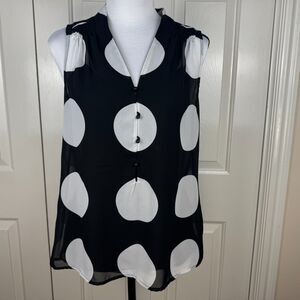 ECI Blouse Sz S Sheer Black White Large Polka Dot Front Buttons VNeck Sleeveless